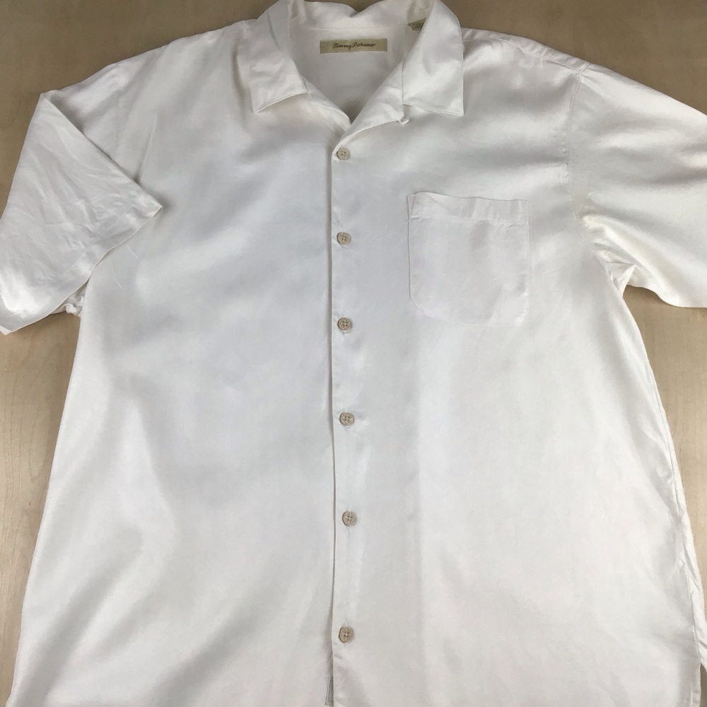 Tommy Bahama Mens Large Button Up Short Sleeve Silk Shirt Cream
